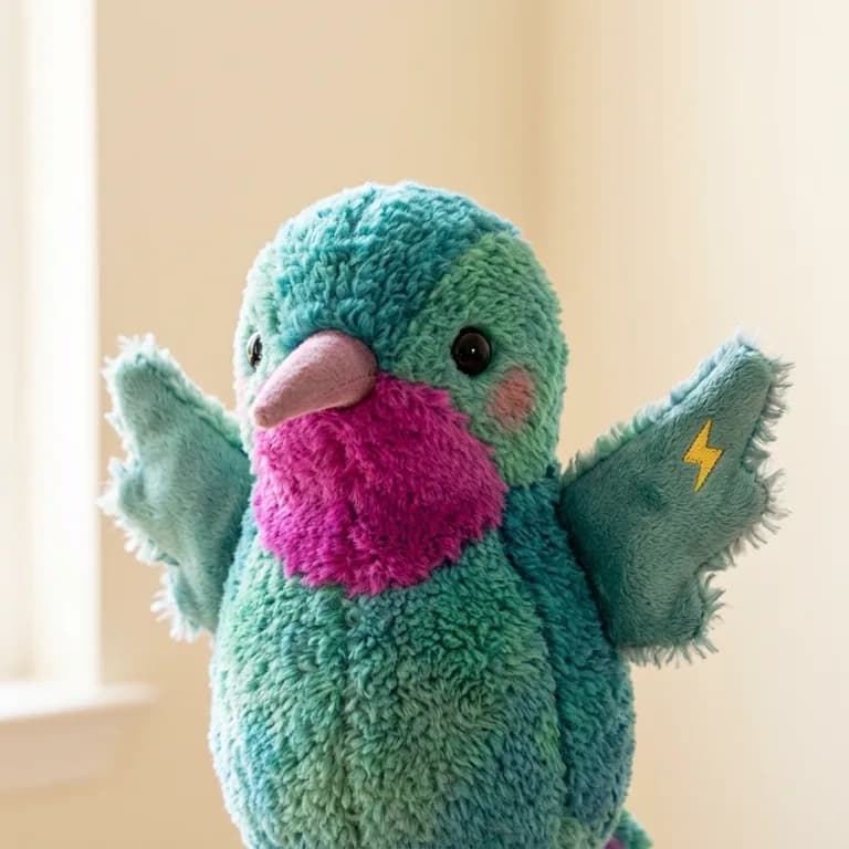 Dash, a plush teal and magenta hummingbird with a lightning patch
