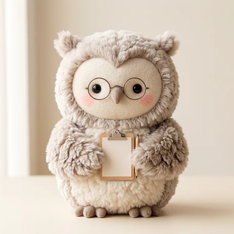 Otto, a plush owl with round glasses and a clipboard