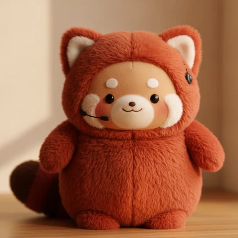 Poppy, a plush red panda with a black headset
