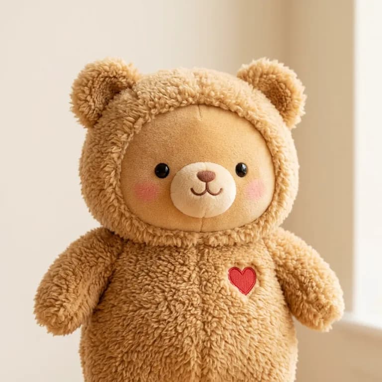 Teddy, a plush honey brown bear with a heart patch