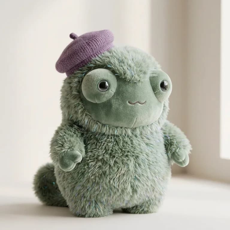 Ziggy, a plush green chameleon in a beret